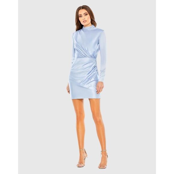 Mac Duggal LEENA mock neck draped mini long sleeve dress powder blue US 2 $258 - Picture 1 of 8